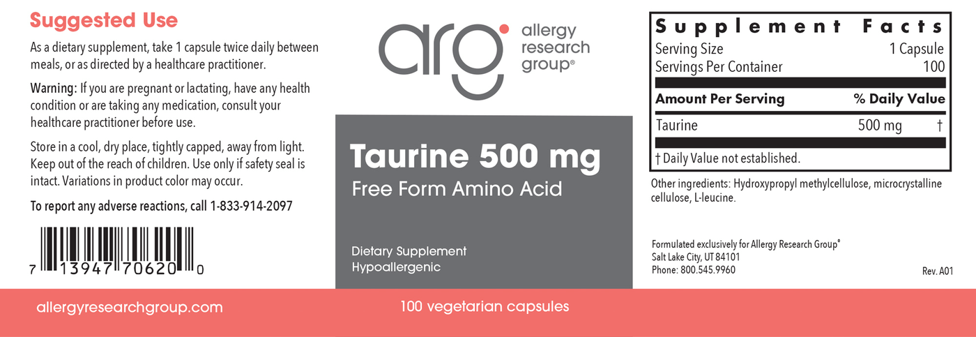 Taurine 500 mg 100 caps Curated Wellness