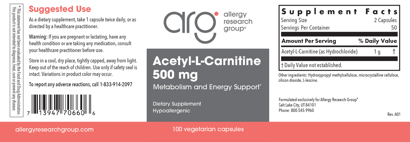 Acetyl-L-Carnitine 500 mg 100 caps Curated Wellness