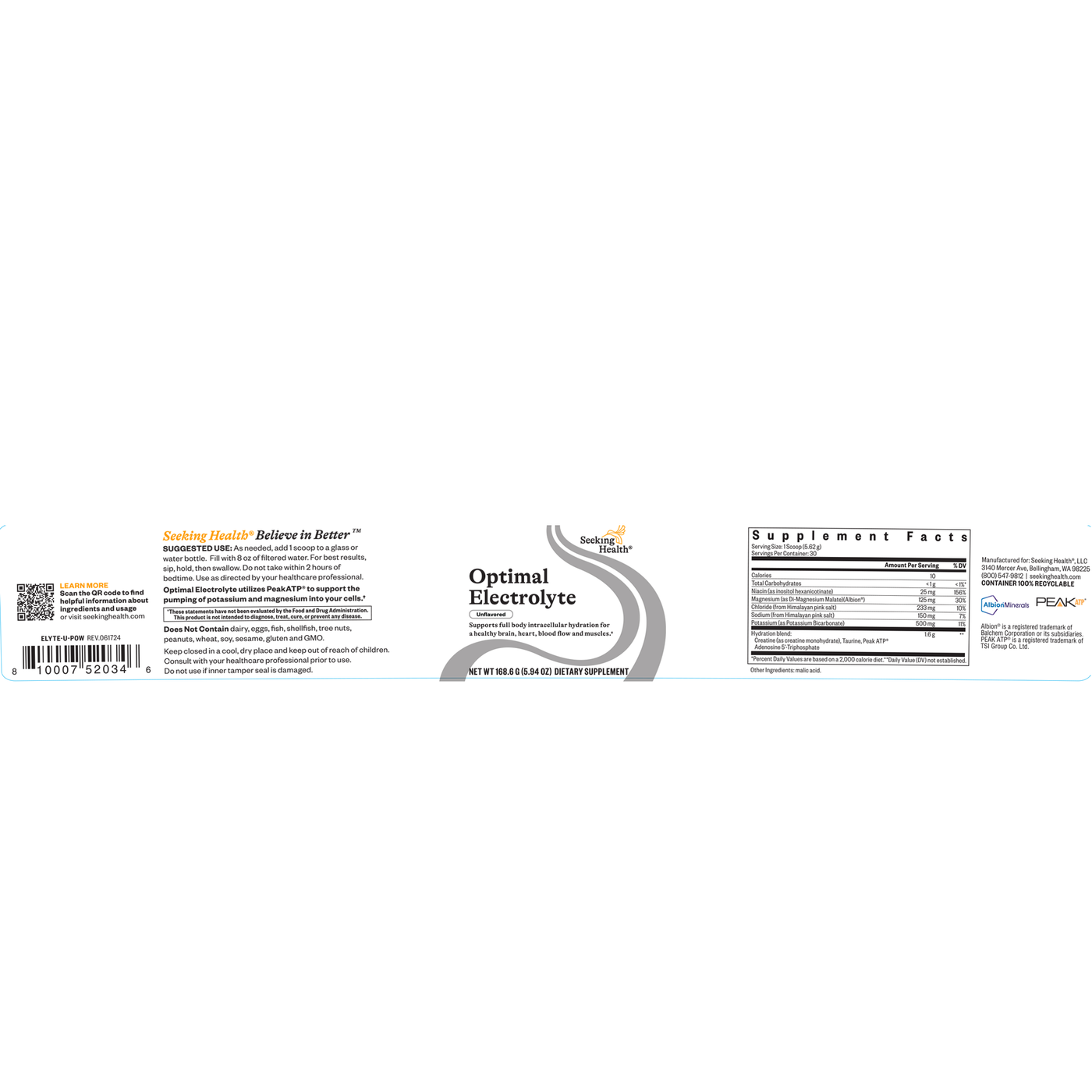 Optimal Electrolyte Unflavored 168.6g Curated Wellness