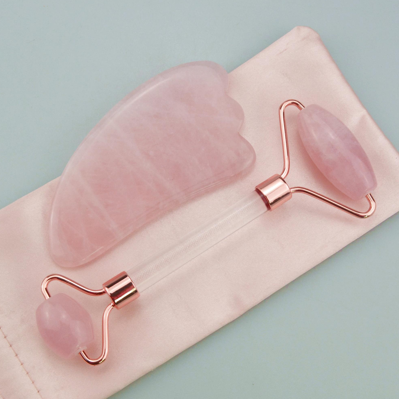 Rose Quartz Roller/Gua sha Massage Set Curated Wellness