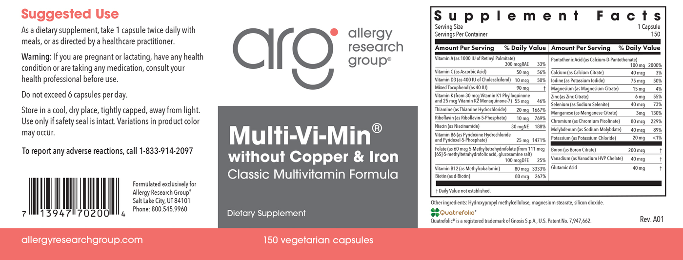 Multi-Vi-Min No Cu/No Fe 150 caps Curated Wellness
