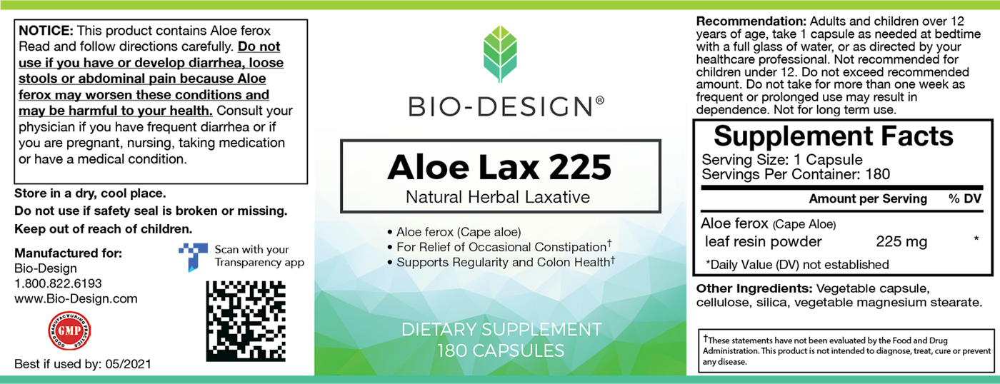 Aloe Lax 225 180 caps Curated Wellness