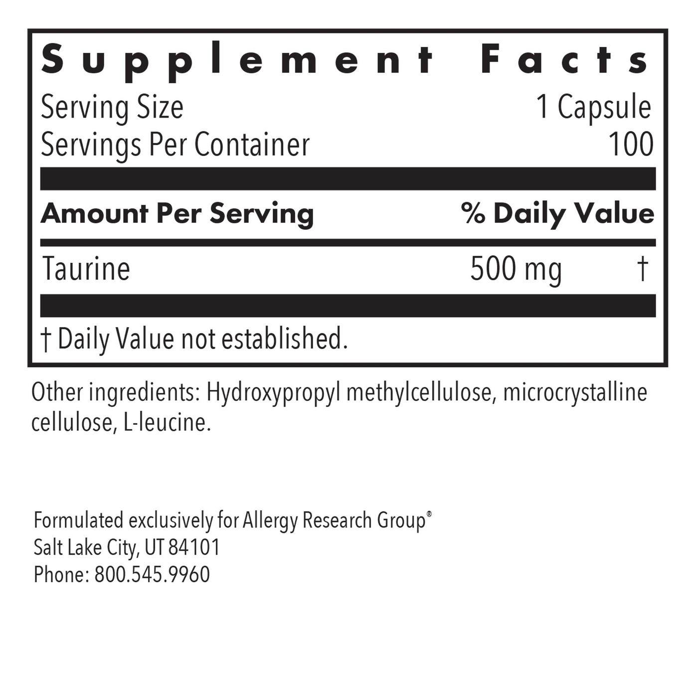 Taurine 500 mg 100 caps Curated Wellness